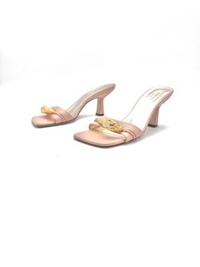Gucci Dora Tiger Head Nude Pink Nappa Leather Mid Heel Mules EU 38